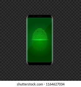 Green Fingerprint scan icon on the smartphone screen, security symbol. Vector illustration