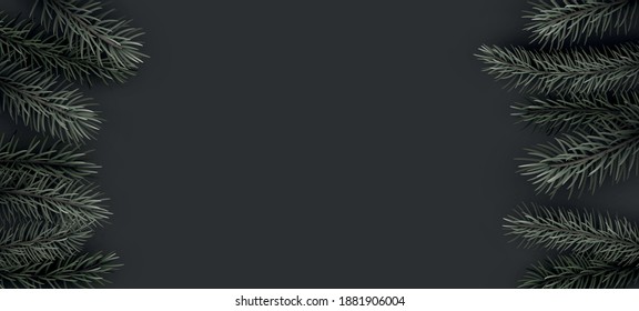 Green fir branches frame on dark grey background. Space for text. Vector illustration.