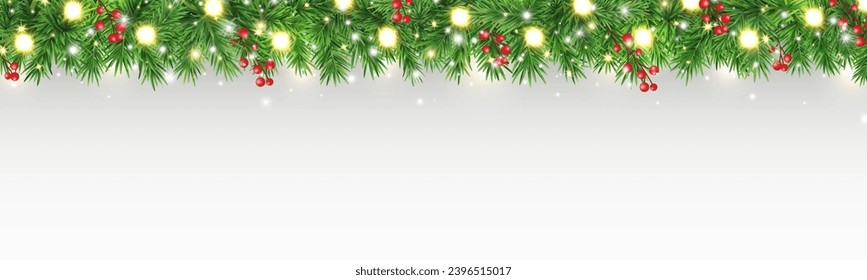 Green fir branches with glitter light, golden stars and red berries border. Christmas garland frame. Winter Holiday background. Xmas evergreen plant banner. New Year card. Vector illustration.