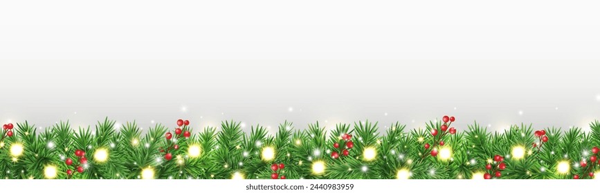 Green fir branches with glitter light, golden stars and red berries frame. Christmas garland border. Winter Holiday background. Xmas evergreen plant banner. New Year card. Vector illustration.