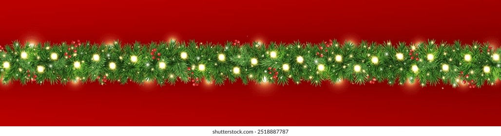 Green fir branches with glitter stars, golden light and berries on red background. Christmas garland border. New Year card. Winter Holiday background. Xmas evergreen plant banner. Vector illustration.