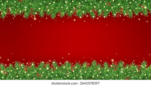 Green fir branches with glitter stars, golden light and berries on red background. Christmas garland border. New Year card. Winter Holiday frame. Xmas evergreen plant banner. Vector illustration.