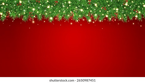 Ramos de abeto verde com estrelas cintilantes, luz dourada e bagas sobre fundo vermelho. Fronteira da guirlanda de Natal. Cartão de Ano Novo. Moldura de feriado de inverno. Banner de planta sempre verde. Ilustração vetorial.