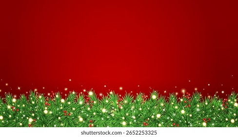 Ramos de abeto verde com estrelas cintilantes, luz dourada e bagas sobre fundo vermelho. Fronteira da guirlanda de Natal. Cartão de Ano Novo. Moldura de feriado de inverno. Banner de planta sempre verde. Ilustração vetorial.