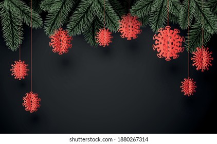 Green fir branches with hanging red covid-19 Christmas tree toys. For banners, posters, flyers. Vector illustration.