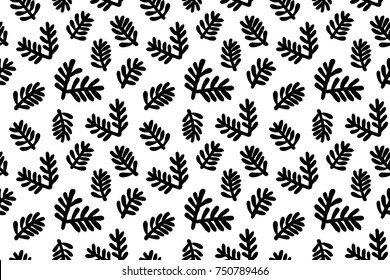 Green fir branches isolated on white background. Seamless pattern