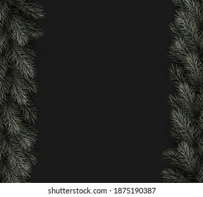 Green fir branches lines frame on black background. Vector illustration.