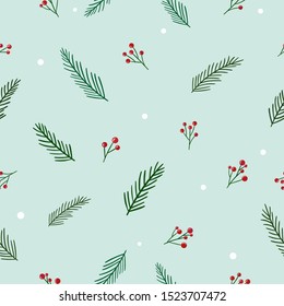 Green fir branches and little branches with red berries on calm blue background. Seamless winter pattern. Suitable for textile, packaging.