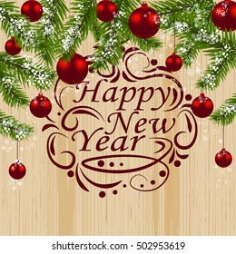 Green fir branches with red balls on the background of wood. Christmas decorations. Christmas symbol. Congratulations to the New Year. Vector illustration