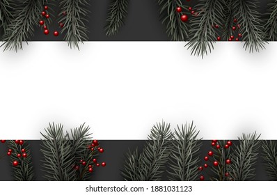 Green fir branches with red holly berries border. Space for text. Vector illustration.