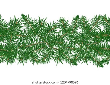 Green Fir Branches seamless pattern, background. Colored vector illustration.
