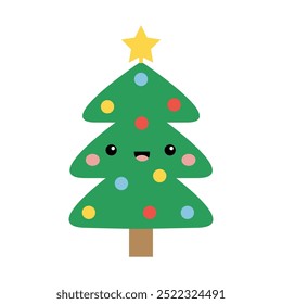 Green Fir Christmas tree icon. Star top, ball. Happy New Year. Cute cartoon kawaii funny character. Smiling face. Xmas decoration. Greeting card. Childish style. Flat design. White background. Vector