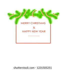Green fir, christmas tree typography banner Merry Christmas and red Happy New Year, on white stock vector illustration for web, for print