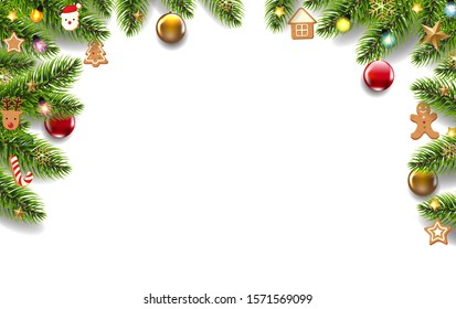 Green Fir Tree Border With Christmas Toys Isolated White Background With Gradient Mesh, Vector Illustration