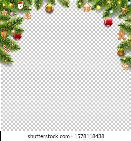 Green Fir Tree Borders With Christmas Toys Isolated Transparent Background With Gradient Mesh, Vector Illustration