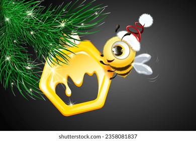 Green fir tree branch with Christmas ornament honeycomb and cute fluffy bee character in Santa hat