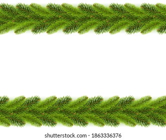 Green Fir Tree Branches Borders, Vector Illustration