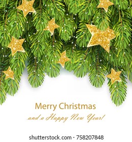 Green fir tree frame, christmas tree branches border. Golden shining star shape decorations, snowflakes. Christmas party invitation template with Merry Christmas and happy New year text