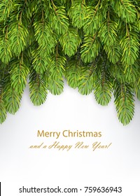 Green fir tree frame, christmas tree branches border. Christmas party invitation template with Merry Christmas and happy New year text