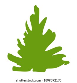 Green fir tree isolated. Brown trunk and branches. Graphic elements. Cartoon simple doodle style. Nature and ecology. Park, forest or garden. Environmental issues. For post cards, stickers and posters