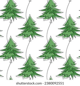Green fir tree line continuous background. Christmas seamless pattern vector. Hand drawn graphic illustration, banner, card, poster, festive ornament, wallpaper, winter holiday print, linear drawing.
