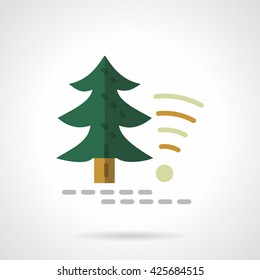 Green fir tree and object wireless sign. Technology in forest, camping services. Flat style color vector icon