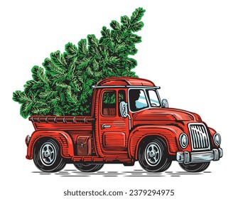 Green fir tree on red retro pickup truck. Merry Christmas and Happy New Year. Vector illustration
