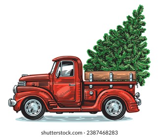 Árbol de abeto verde en camioneta roja retro. Feliz Navidad y Feliz Año Nuevo. Ilustración de vectores aislada