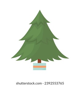 Árbol de abeto verde en una olla. Dibujo de dibujos animados planos de fondo blanco aislado