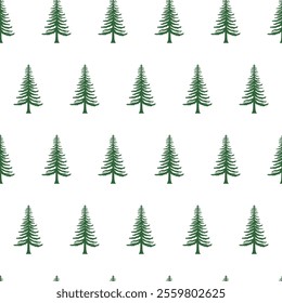 Green fir trees on white background seamless pattern. Pine forest. Winter background. Vector illustration.