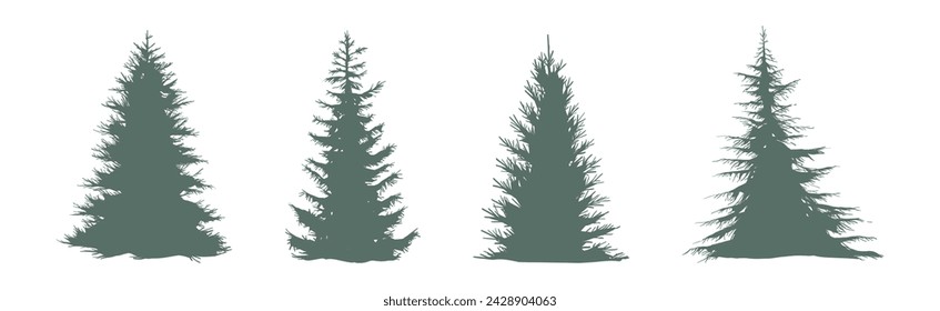 Green Fir Trees Silhouettes in Monochrome Style Vector Set