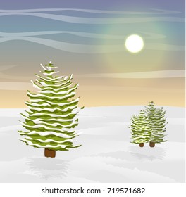 Green fir trees with snow on the branches on a snow-covered meadow with snowdrifts. Winter sky, clouds and sun. Vector landscape