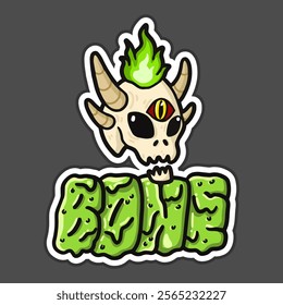 green fire bone, fire demon, hand drawn sticker, gray background, graffiti style