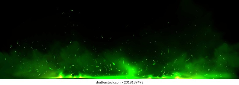 Green fire effect overlay with ember and smoke realistic background. Flying spark light particle in flame panoramic texture. Neon festive witchcraft power with steam and blazing for wizard fireplace.