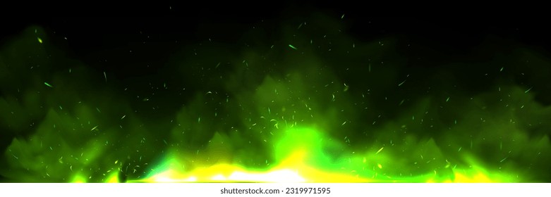 Green fire effect overlay with ember and smoke realistic background. Flying spark light particle in flame panoramic texture. Neon festive witchcraft power with steam and blazing for wizard fireplace.