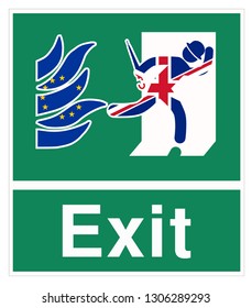 Green fire emergency exit sign adapted into a brexit sign with a human icon with bowler hat and umbrella with the flag union jack runs to the door away from the flames in the flag european union stars