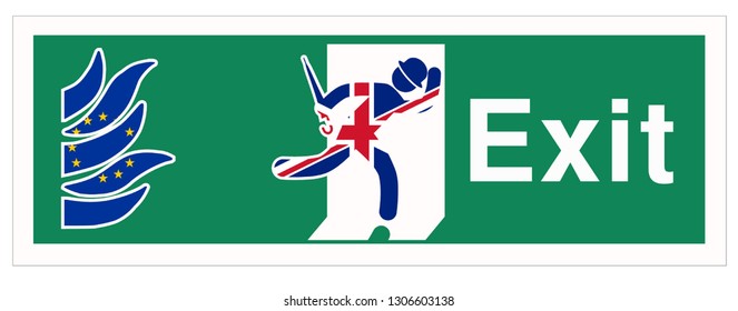 Green fire emergency exit sign adapted into a brexit sign with a human icon with bowler hat and umbrella with the flag union jack runs to the door away from the flames in the flag european union stars