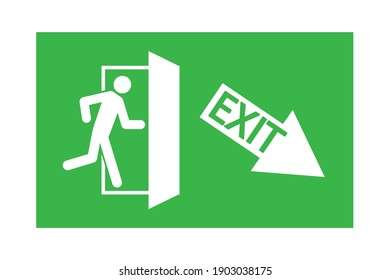 Green fire exit sign. Exit down to the right. A man running out the door. Stock image. EPS 10.