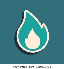 Green Fire flame icon isolated on blue background. Heat symbol. Long shadow style. Vector Illustration