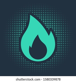 Green Fire flame icon isolated on blue background. Heat symbol. Abstract circle random dots. Vector Illustration