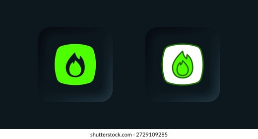 Green Fire flame icon isolated on black background. Black square button. Vector