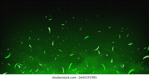 Green fire and glowing sparks with magic light and toxic poison smoke on dark background. Abstract fantasy overlay with flying particles, mist, flame and glitter. Mysterious festive energy effect.