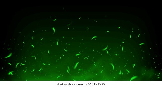 Fogo verde e faíscas brilhantes com luz mágica e fumaça tóxica em fundo escuro. Sobreposição de fantasia abstrata com partículas voadoras, névoa, chama e brilho. Misterioso efeito de energia festiva.