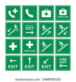 Green fire safety and emergency icons set. Collection of fire danger signs, exit and equipment. Meeting point. 16 pictograms with emergency assembly area, first aid symbol. flat vector illustration