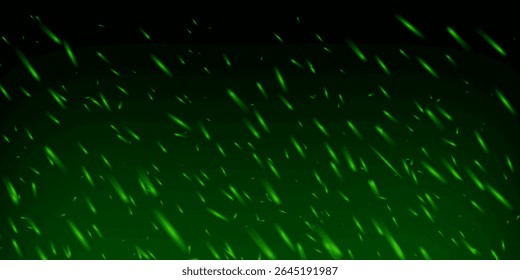 Green fire spark effect with glowing embers, fog and toxic mist. Abstract fantasy flame with light, smoke and particles on dark background. Magic vector texture with motion, heat and sparkle.