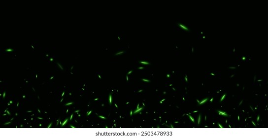 Green fire sparks, abstract glowing embers, heat sparkles, flying flame cinder, bokeh fire texture. Vector illustration.