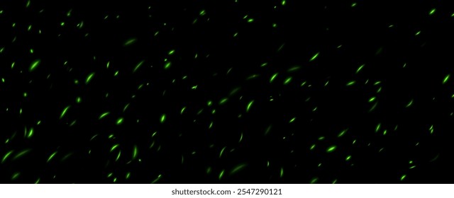 Green fire sparks, abstract glowing embers, heat sparkles, flying flame cinder, bokeh fire texture. Vector illustration.