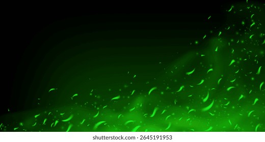 Green fire sparks with glowing embers and toxic mist. Magic flame effect on dark background with fog, particles, smoke and neon shine. Abstract fantasy vector with dust, heat and energy motion.