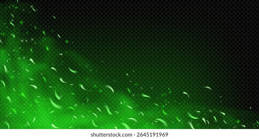 Green fire sparks with glowing embers and toxic poison mist. Magic flame effect on dark background with fog, particles, smoke and neon shine. Abstract fantasy vector with dust, heat and energy motion.
