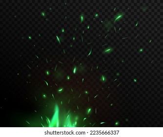 Green fire sparks, mystical and dangerous flame background. Green bonfire blazing hot sparkles, realistic vector backdrop or light effect with glowing and flying in darkness fire particles